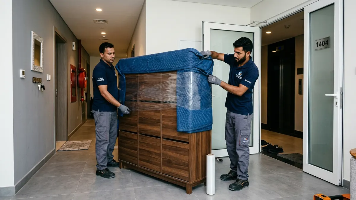 Two uniformed movers wrapping a wooden chest of drawers in a Dubai apartment corridor