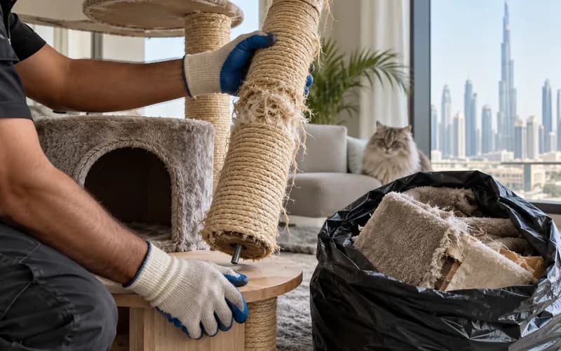 Gloved worker separating a worn sisal post and pet fabric from a dismantled cat tree