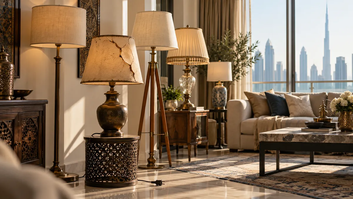 Old table and floor lamps with a cracked shade and unplugged cord in a Dubai living room