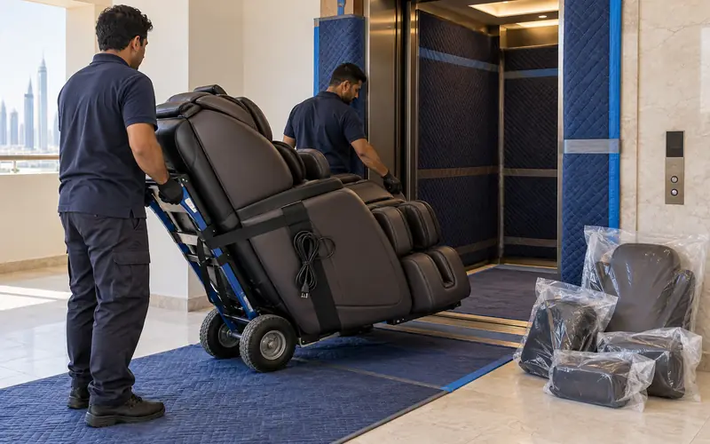 Motorized massage chair secured on a heavy-duty dolly beside a protected Dubai apartment service lift