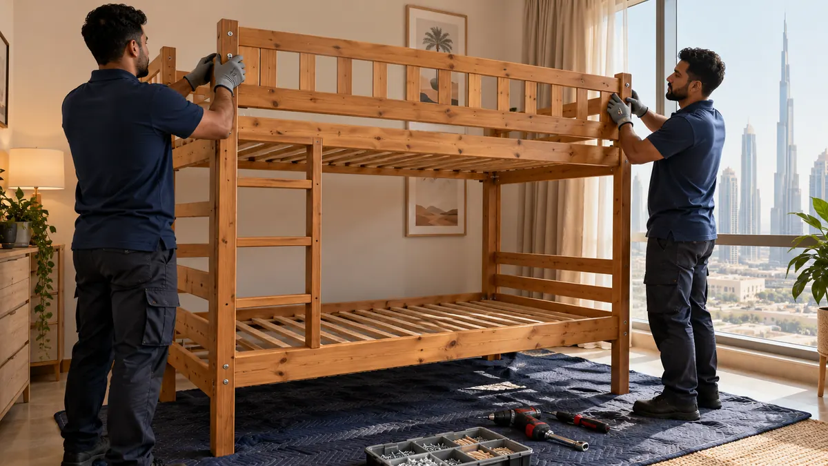 Two uniformed movers dismantling a wooden bunk bed in a bright Dubai apartment bedroom