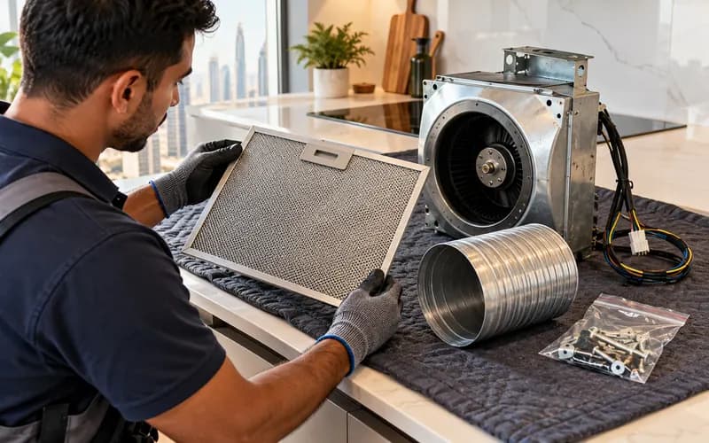Technician sorting a cooker hood grease filter, fan housing, duct and fixings on a protected kitchen counter