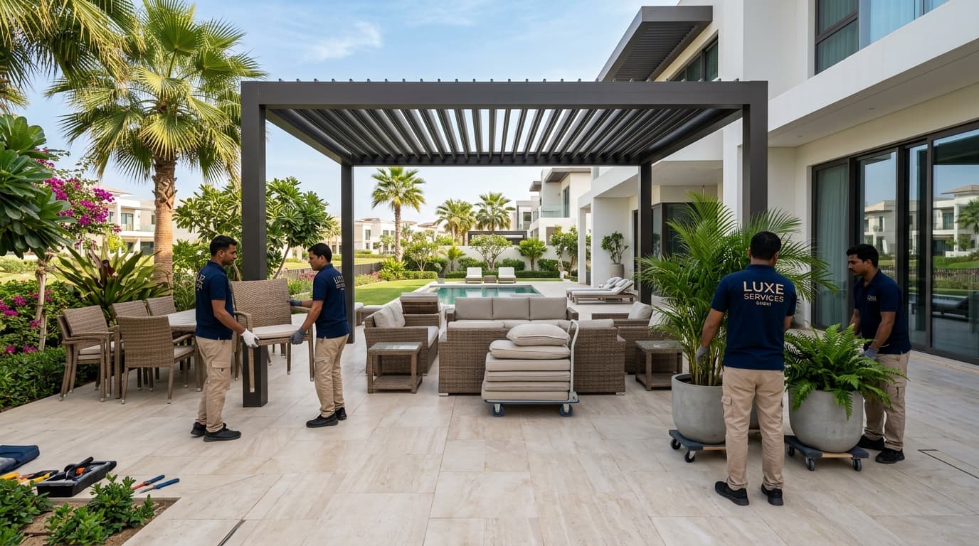 A Dubai villa patio terrace with outdoor seating and garden pergola