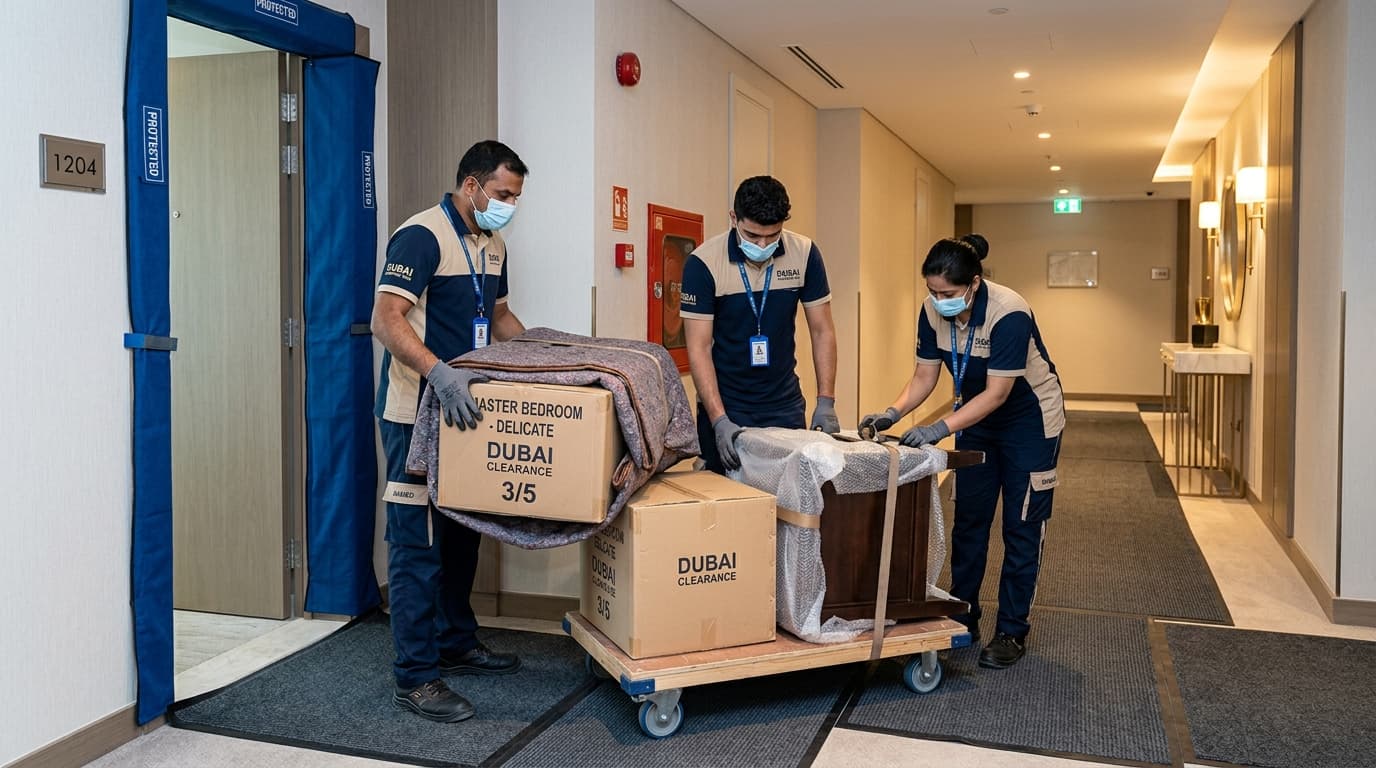 Uniformed clearance crew moving wrapped items on a flat trolley along a padded corridor outside a Dubai apartment door