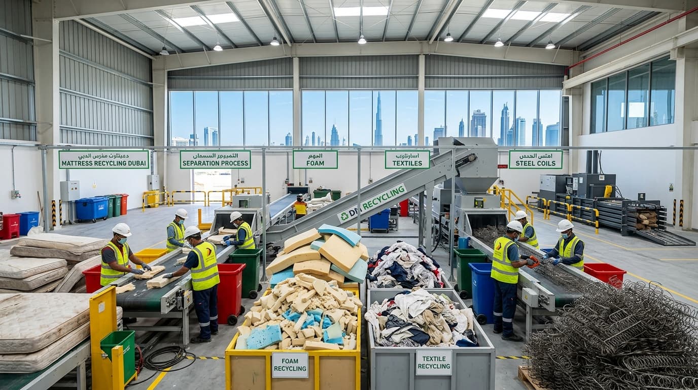 Workers in hard hats at a Dubai recycling facility sorting foam blocks, textiles and steel springs into separate labelled bins
