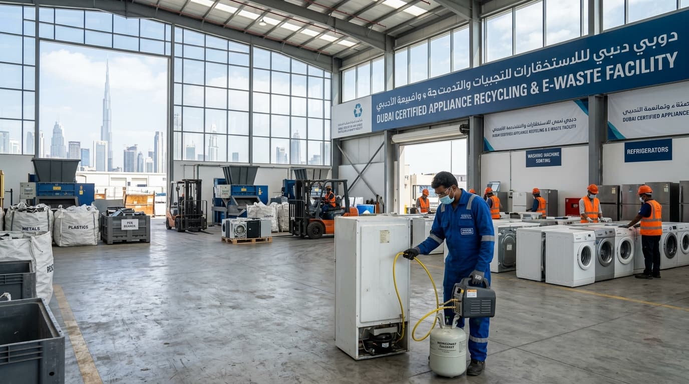 Electrical appliances separated into material streams at an appliance and e-waste recovery facility serving Dubai