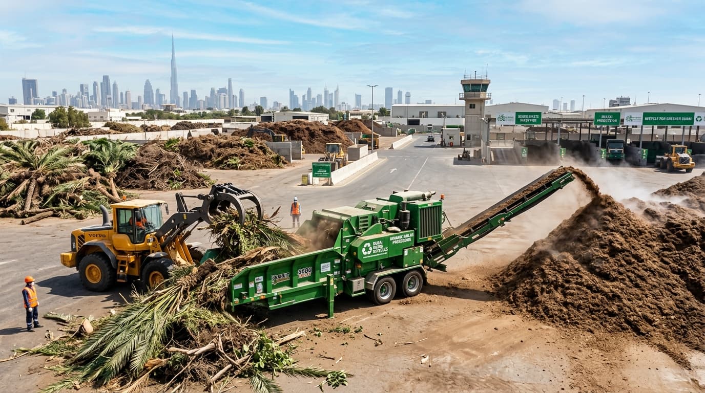 Industrial wood chipper and tub grinder processing heavy palm fronds and garden branches into organic soil mulch at a Dubai recycling facility