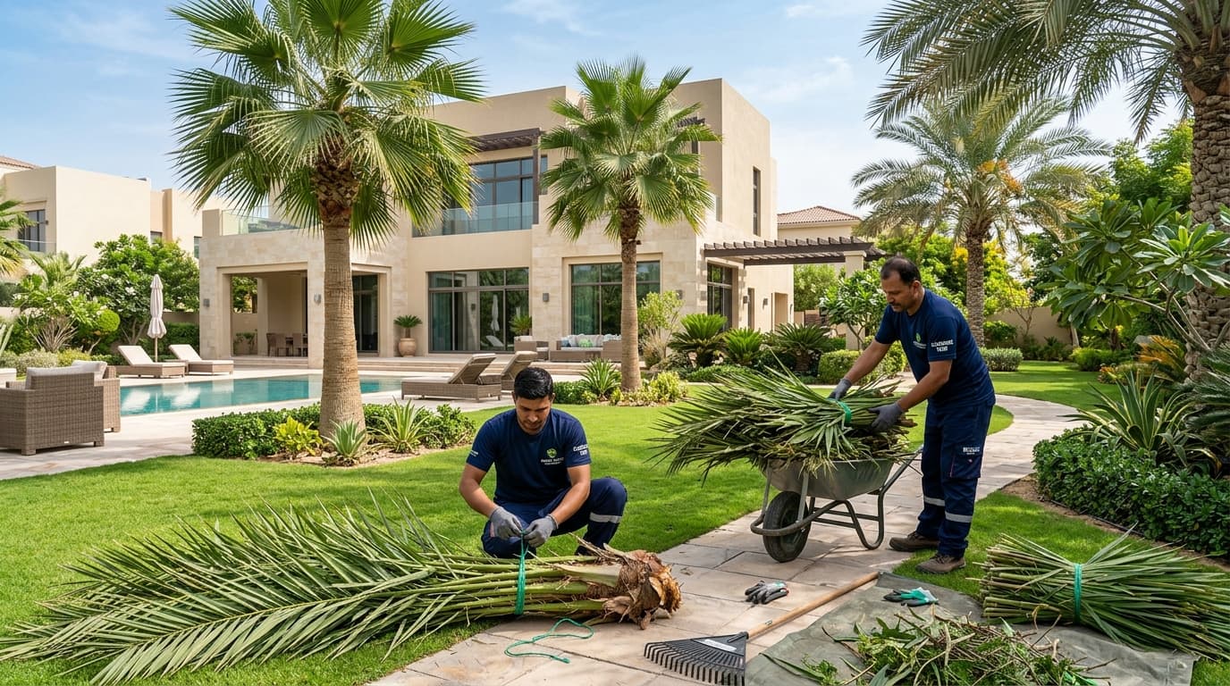 A Dubai villa lawn and garden border beside a stone patio and hedge line