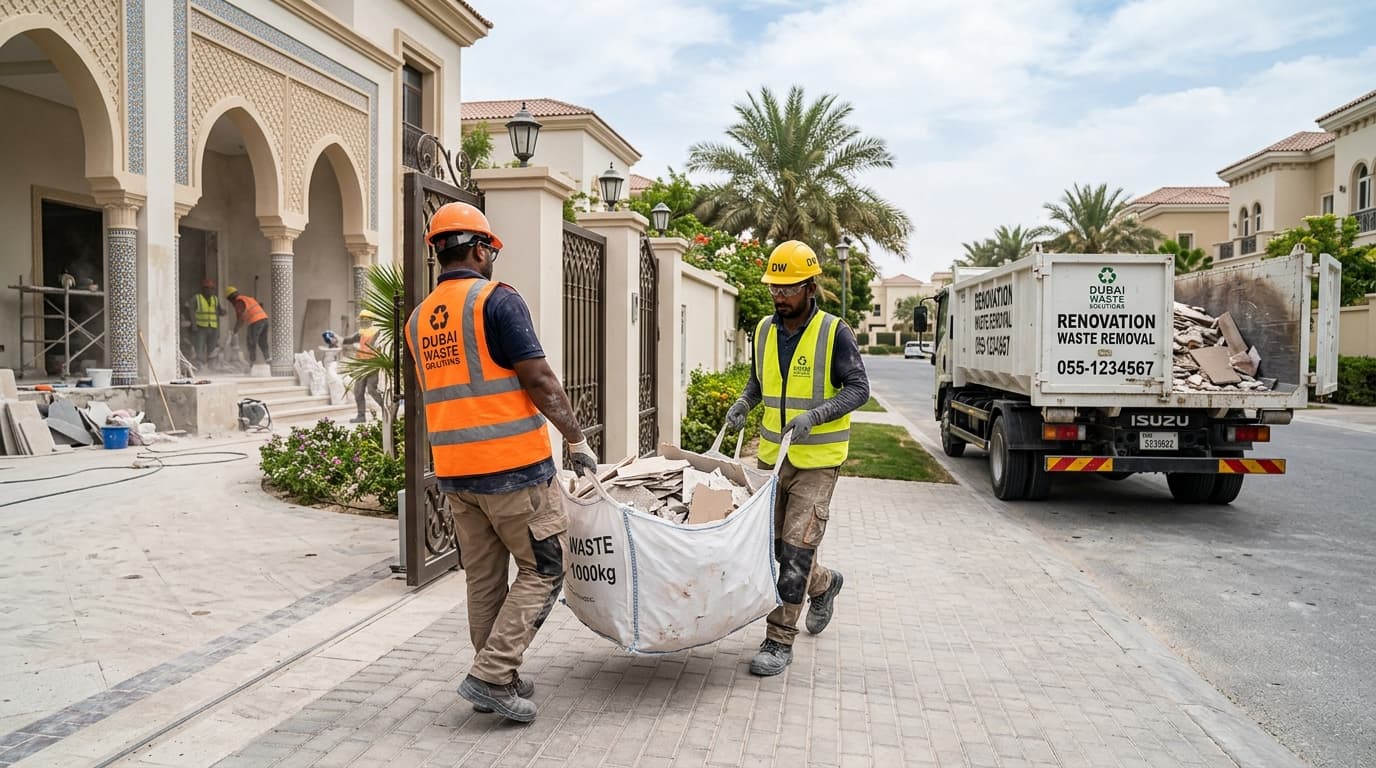 Two workers in hard hats carrying a bulk bag of broken tiles from a villa renovation to a waste truck in Dubai