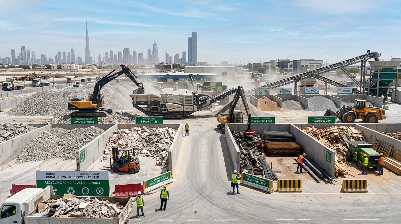 Modern construction and demolition waste recovery center in Dubai segregating concrete rubble, metal rebar, and timber for recycling