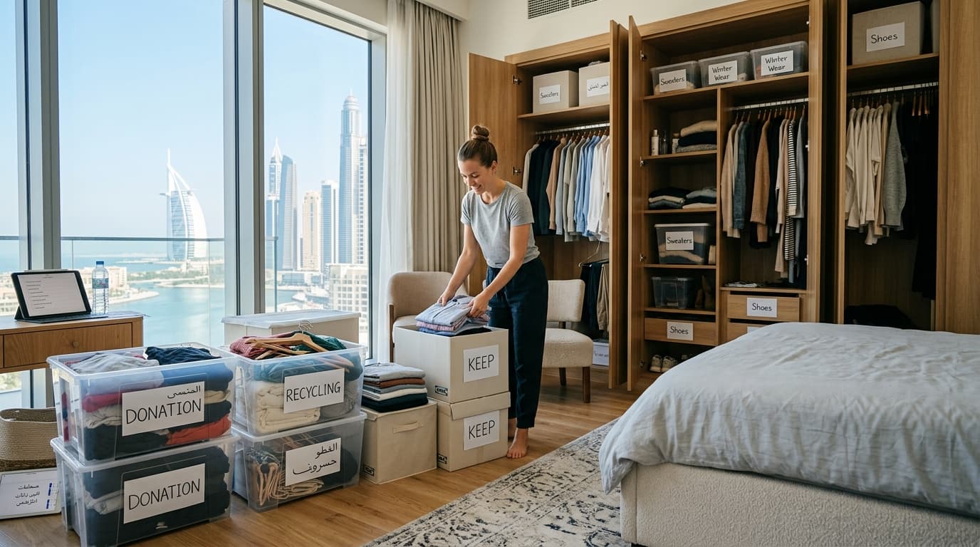Woman folding linens into boxes labelled keep, donation and recycling in a Dubai apartment bedroom beside an open wardrobe