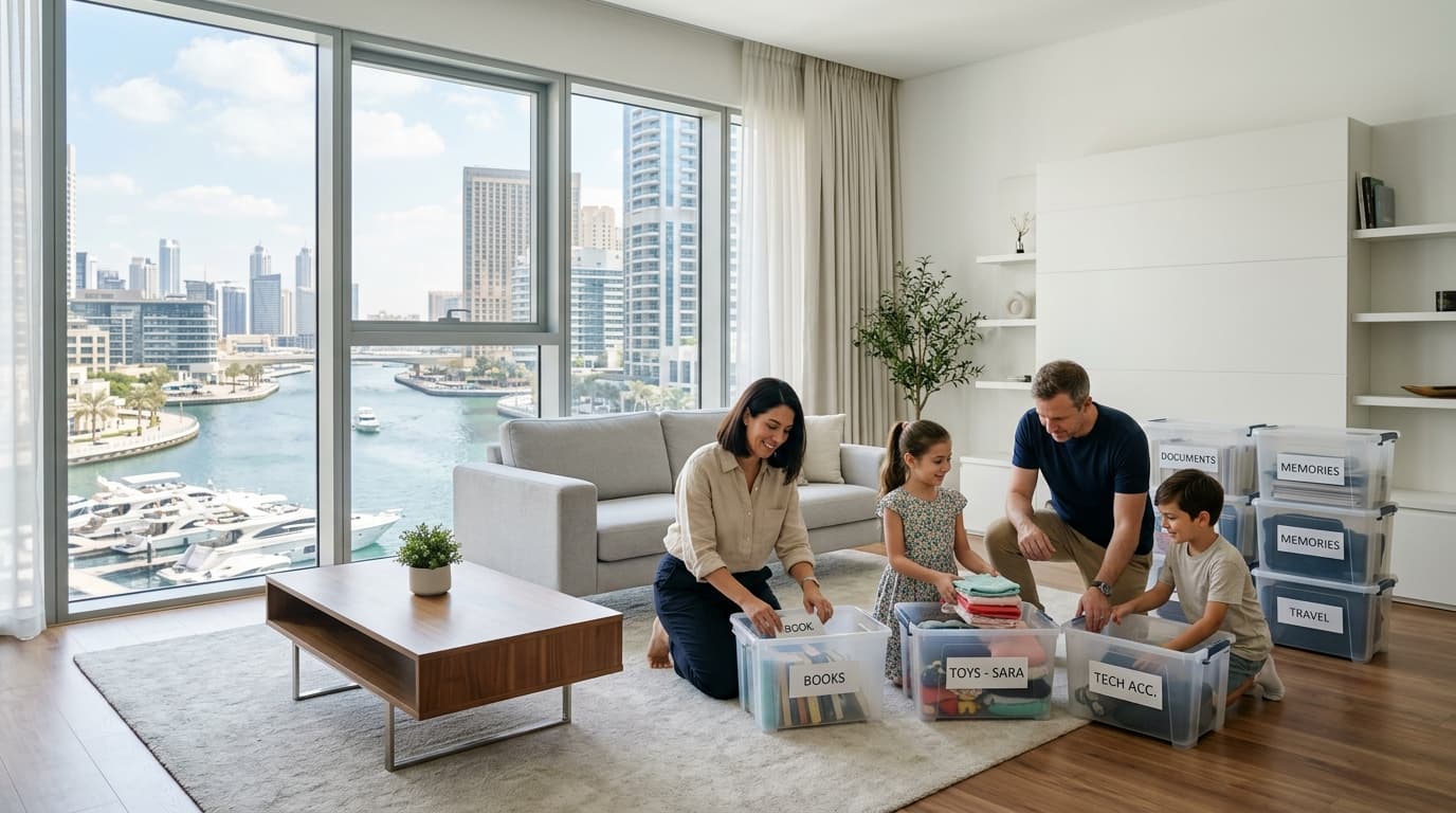 Bright Dubai bedroom being sorted and decluttered before bulky furniture is removed