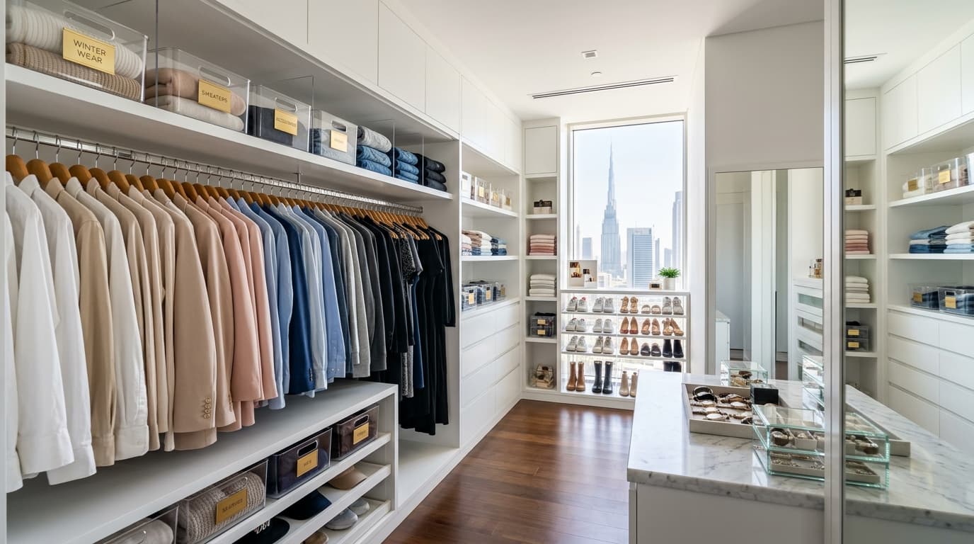 Walk-in wardrobe in a Dubai apartment with hanging clothes, folded knitwear in labelled boxes and shoes on open shelving, city towers visible through the window