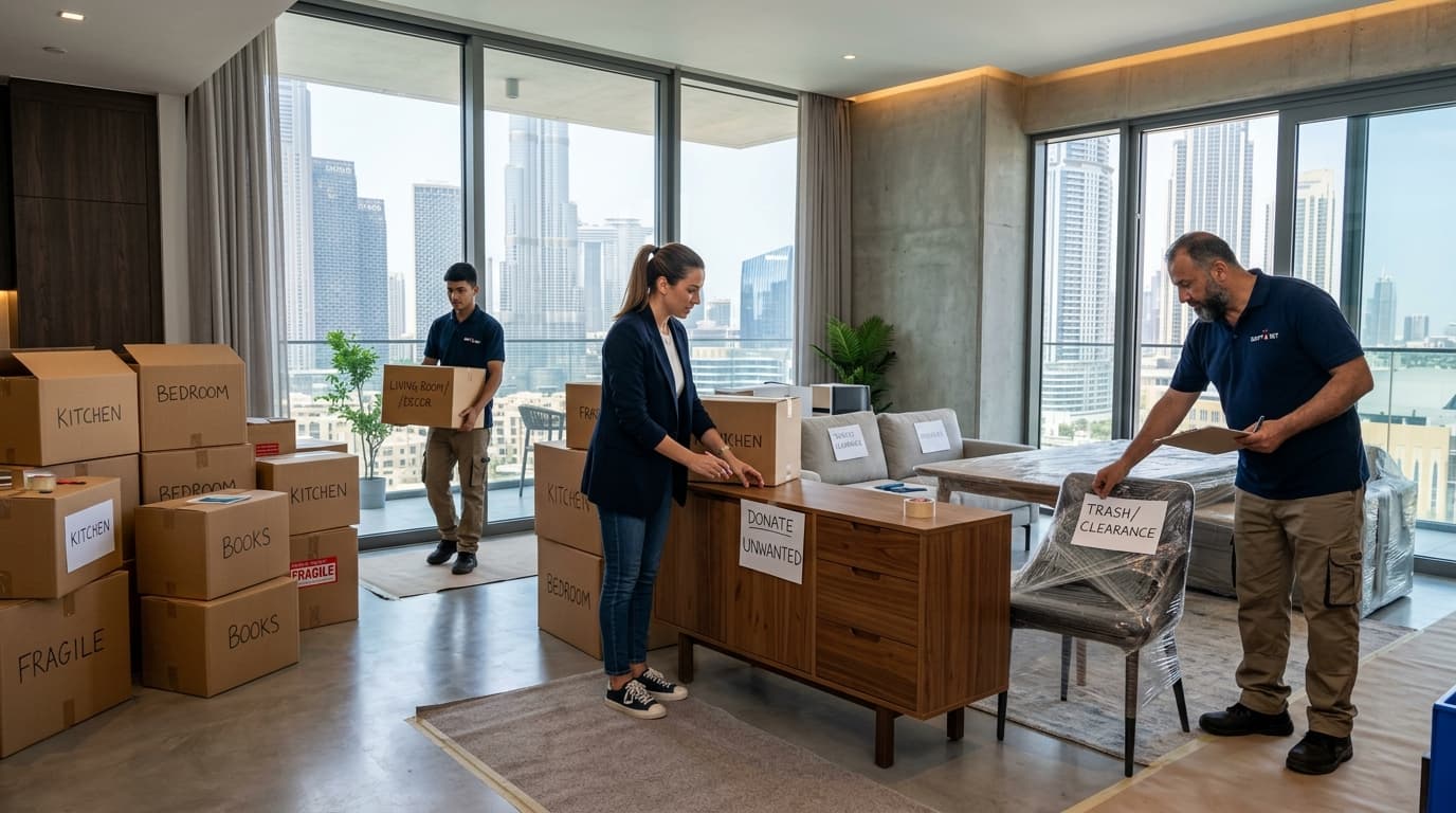 Movers and homeowner sorting packed relocation boxes and tagging unwanted furniture for clearance in a Downtown Dubai apartment