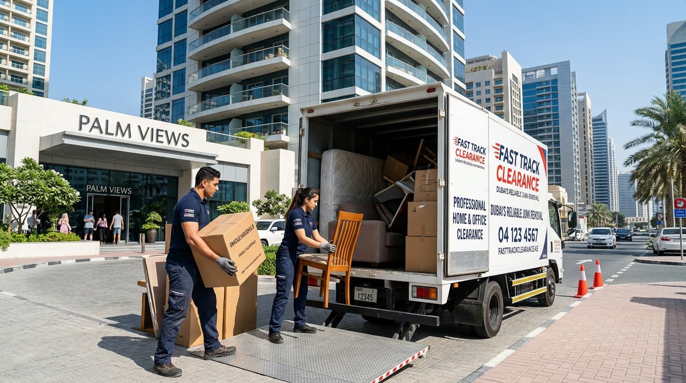 Professional clearance crew loading unwanted furniture and relocation boxes into a removal truck in a Dubai residential neighborhood