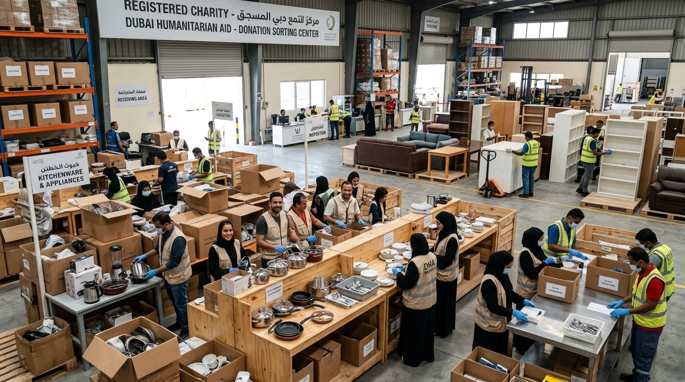 Registered Dubai humanitarian charity donation center where volunteers inspect and organize household goods and kitchenware