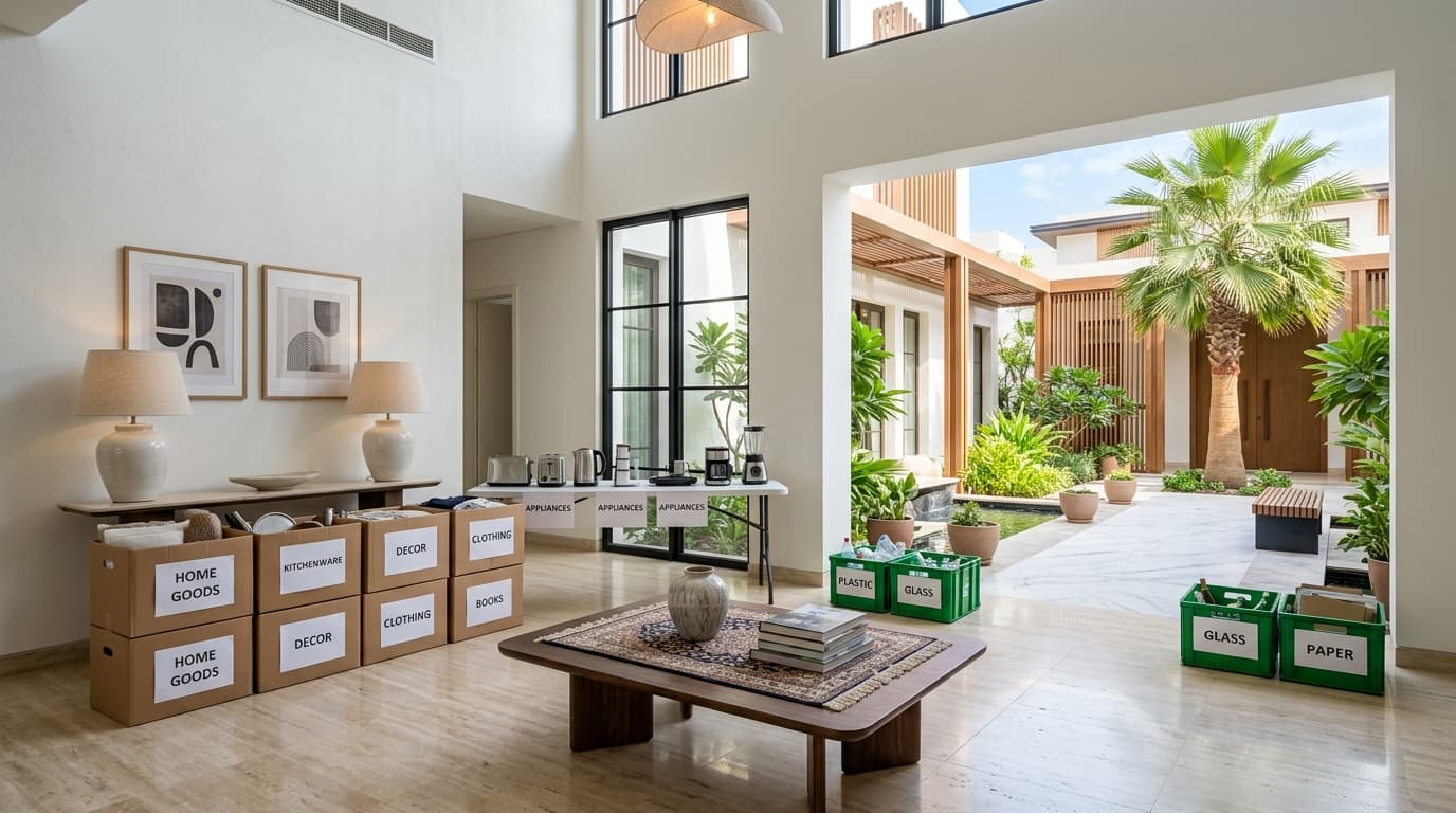 Villa entrance hall with labelled boxes for kitchenware, decor and clothing, small kitchen appliances on a table and green recycling crates for glass and paper