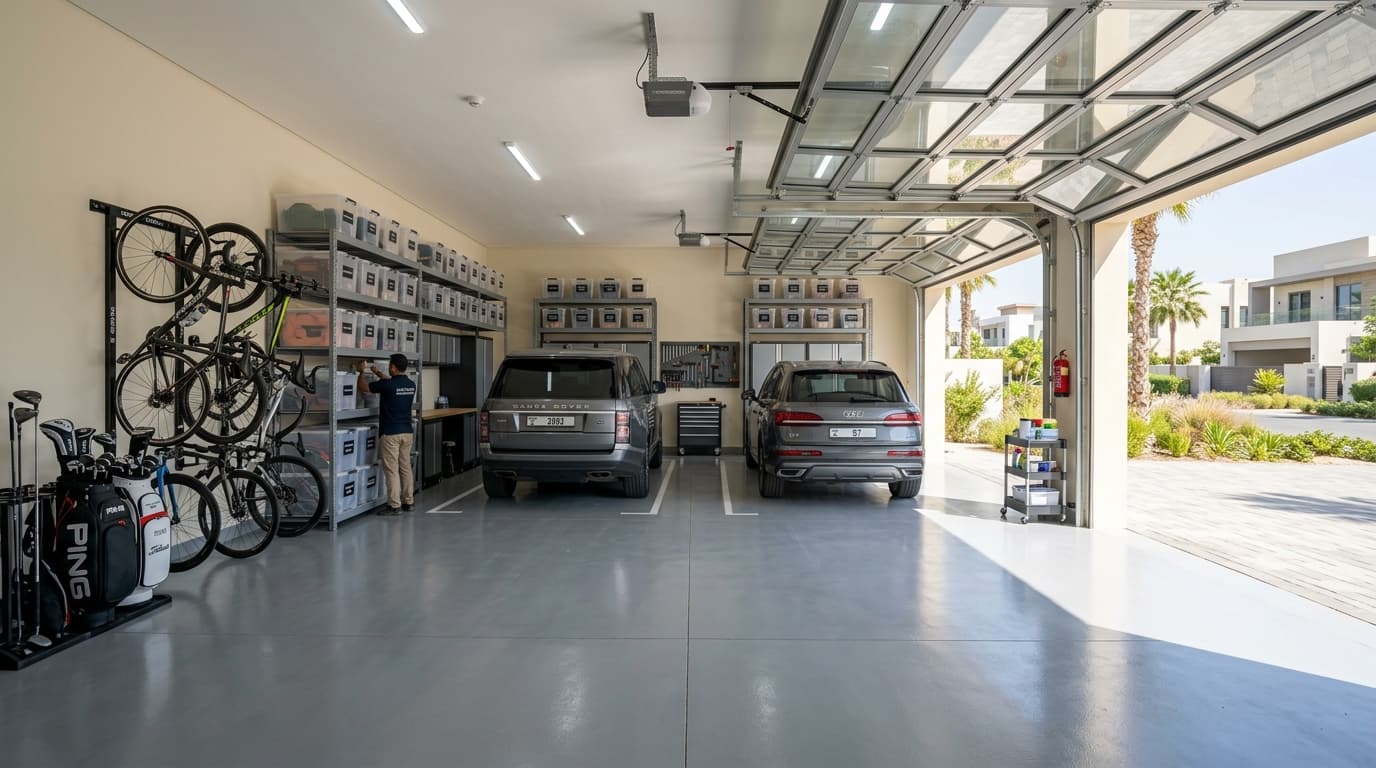 Golf bags and clubs stored beside wall-mounted bicycles in a Dubai villa garage