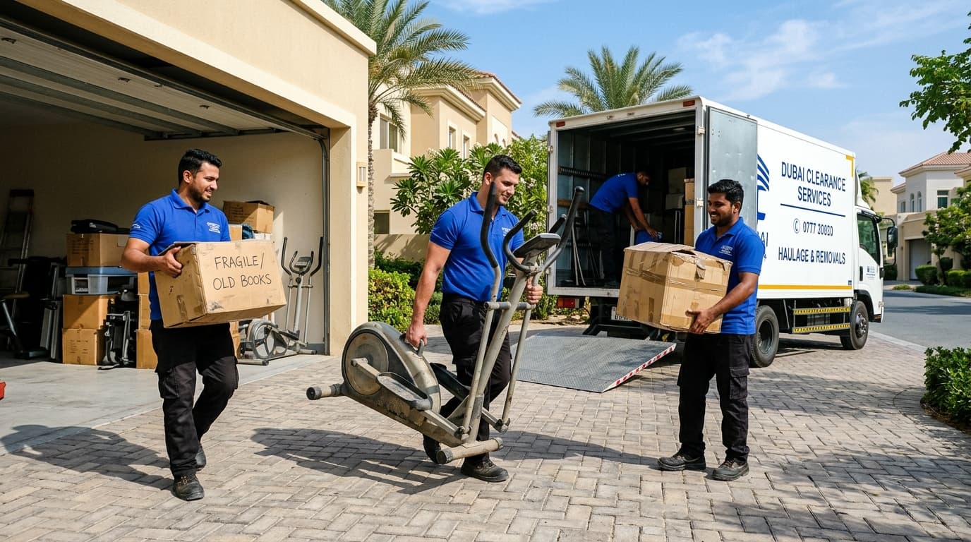 Clearance crew carrying an elliptical cross-trainer and packed boxes from a Dubai villa garage to a waiting truck