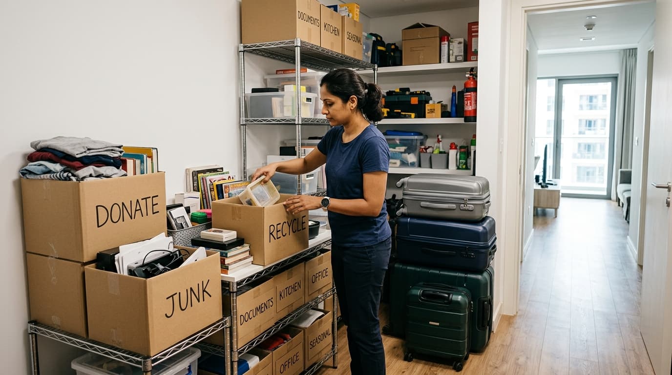 Resident sorting storeroom items into donate, recycle and junk boxes beside shelves of labelled seasonal boxes