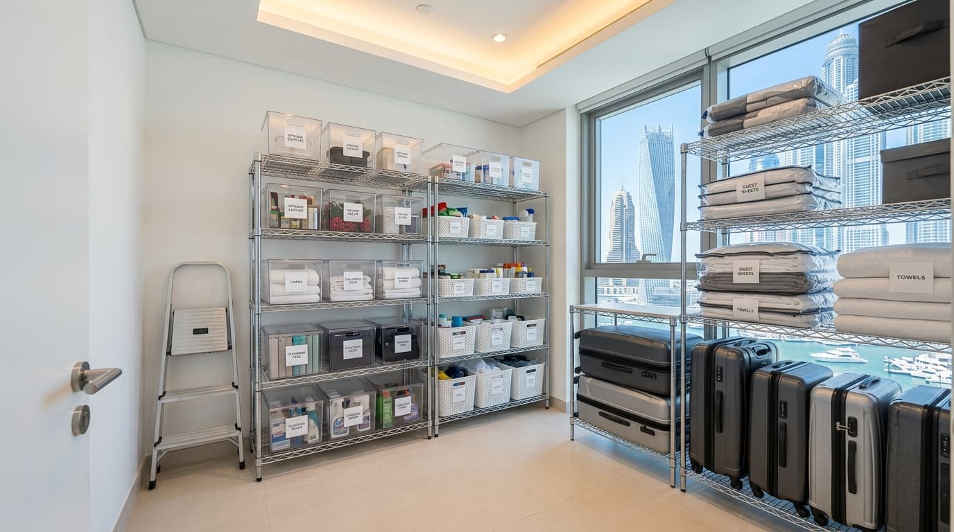 Chrome wire shelving units holding labelled storage boxes and folded linen in a Dubai Marina apartment storeroom