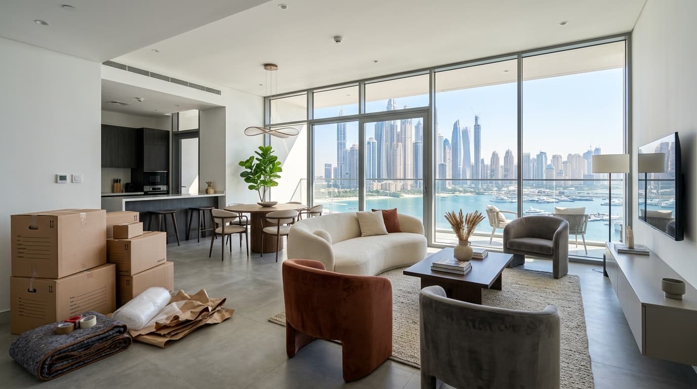 Living room of a newly moved-in modern Dubai apartment with unpacked clean furniture and neatly flattened cardboard moving boxes stacked ready for removal