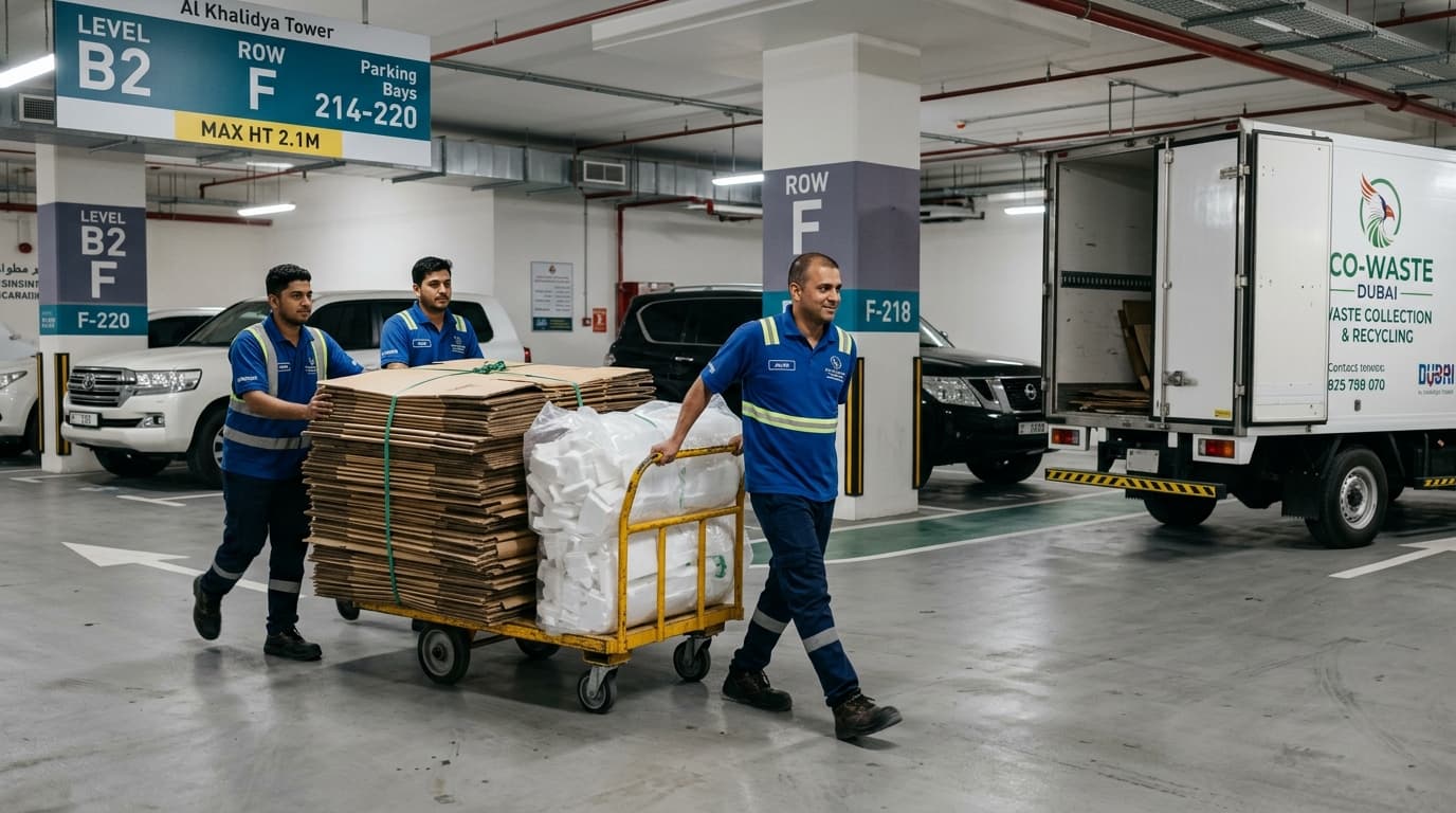 Professional waste removal crew in uniform neatly wheeling heavy stacks of flattened corrugated cardboard boxes and discarded packing foam on a flatbed trolley through an underground residential tower parking garage in Dubai