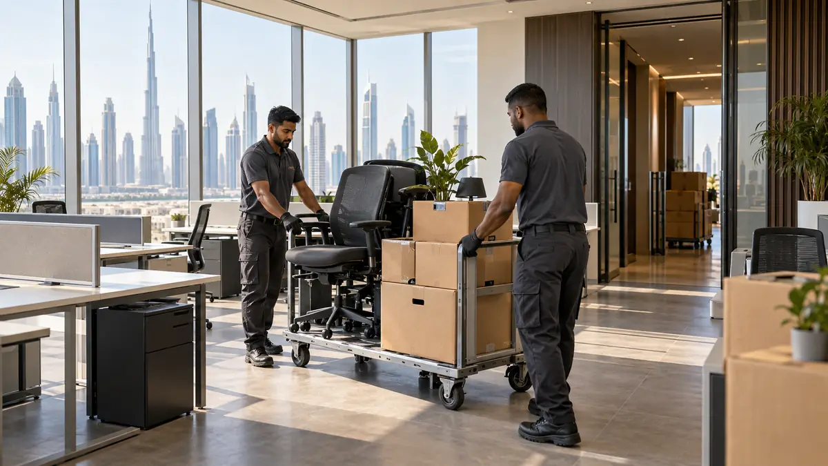 Uniformed crew moving office chairs and boxed equipment during a Dubai office clearance