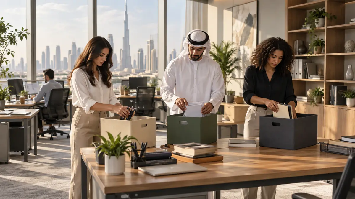 Modern corporate office workstation in Dubai with ergonomic desk chairs, computers, and clearance boxes during a floor renovation