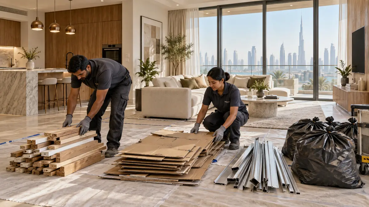 Crew sorting timber lengths, flattened cardboard and aluminium profiles on protected flooring beside a kitchen in a Dubai apartment