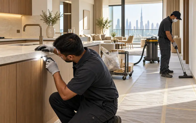Crew member inspecting a fitted kitchen cabinet run with a torch in a Dubai apartment while a colleague vacuums protected flooring