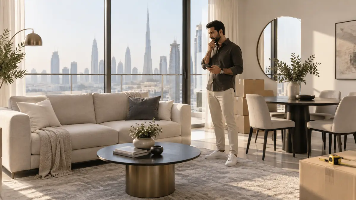 Resident in a Dubai apartment weighing up which furniture to keep, with a round dining table and upholstered chairs beside packed boxes