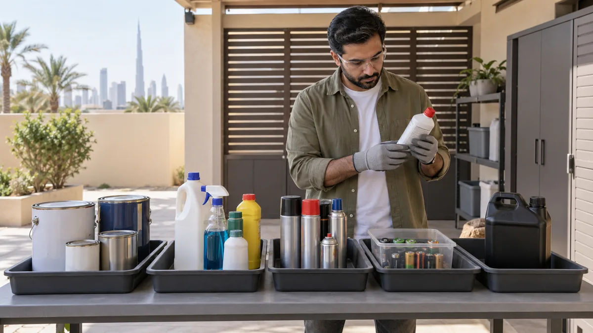 Gas canisters, aerosols and batteries sorted into separate trays on a Dubai villa patio