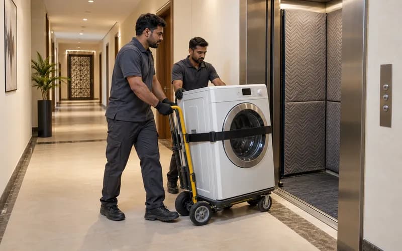 Two crew members wheeling a strapped appliance on a hand truck into a padded service lift in a Dubai residential tower