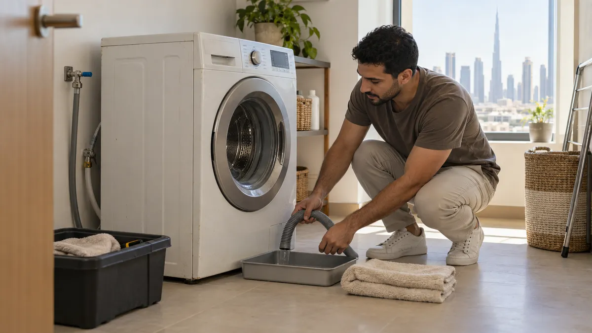 Uniformed crew moving a white laundry appliance through a protected Dubai apartment doorway