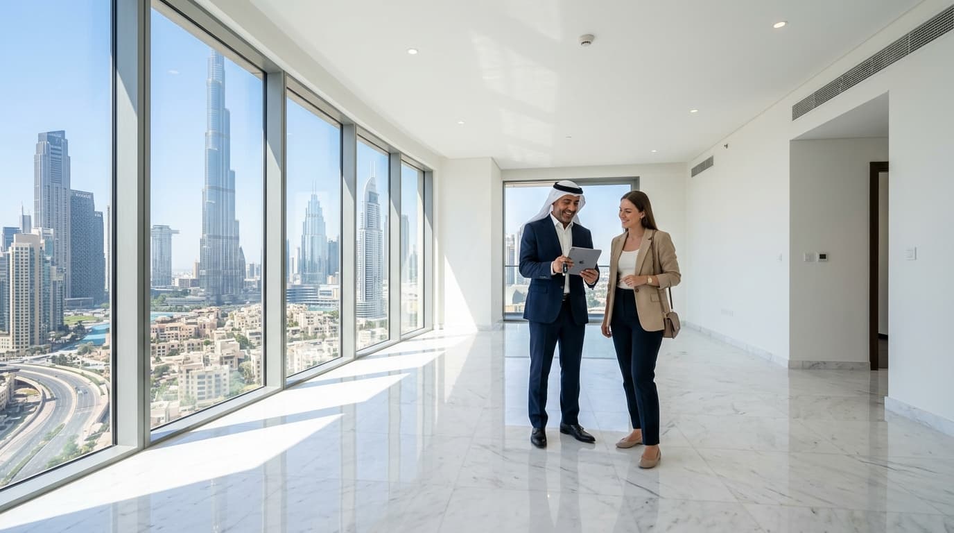 Dubai apartment living room with floor-to-ceiling windows being cleared of heavy blackout curtains and window fittings during move-out