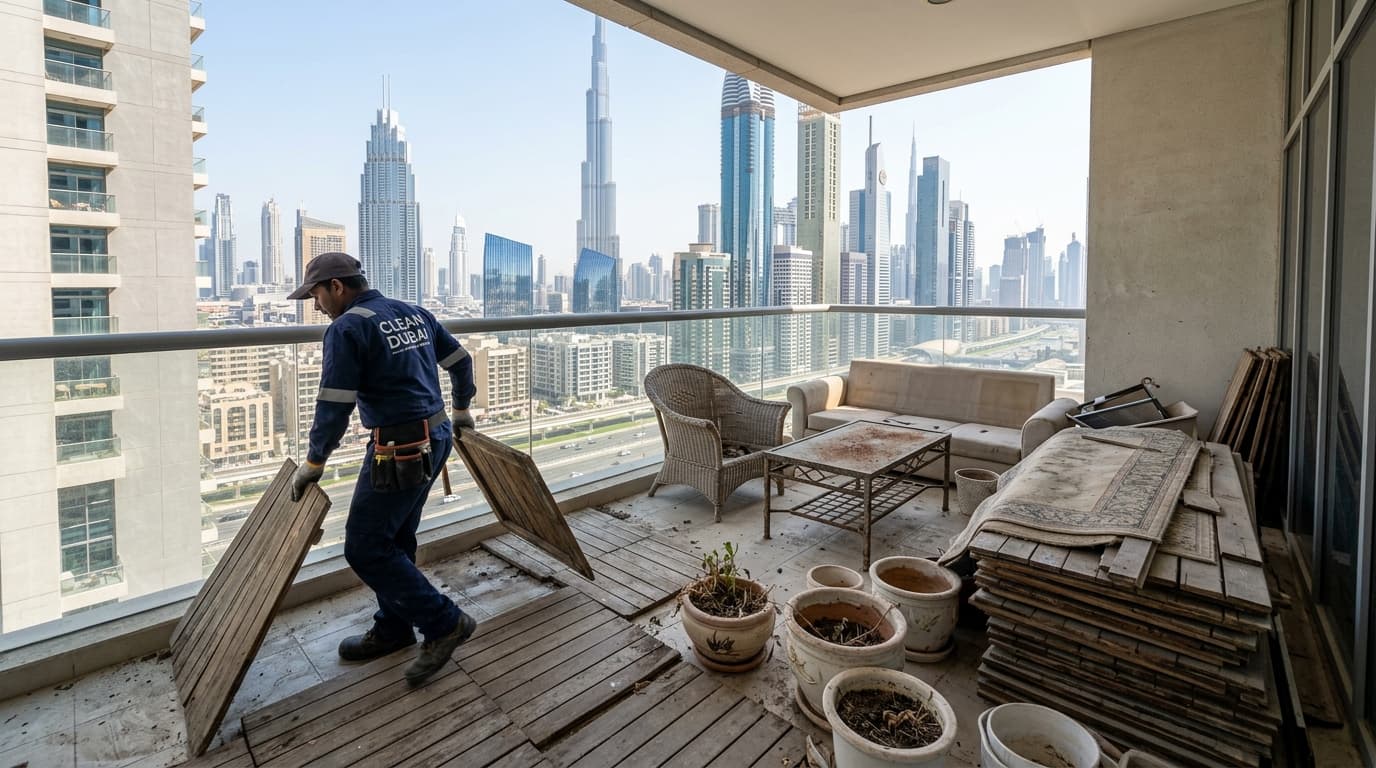 Dubai apartment balcony overlooking residential towers with laundry airers, folded metal ironing board and outdoor utility items ready for cleanout