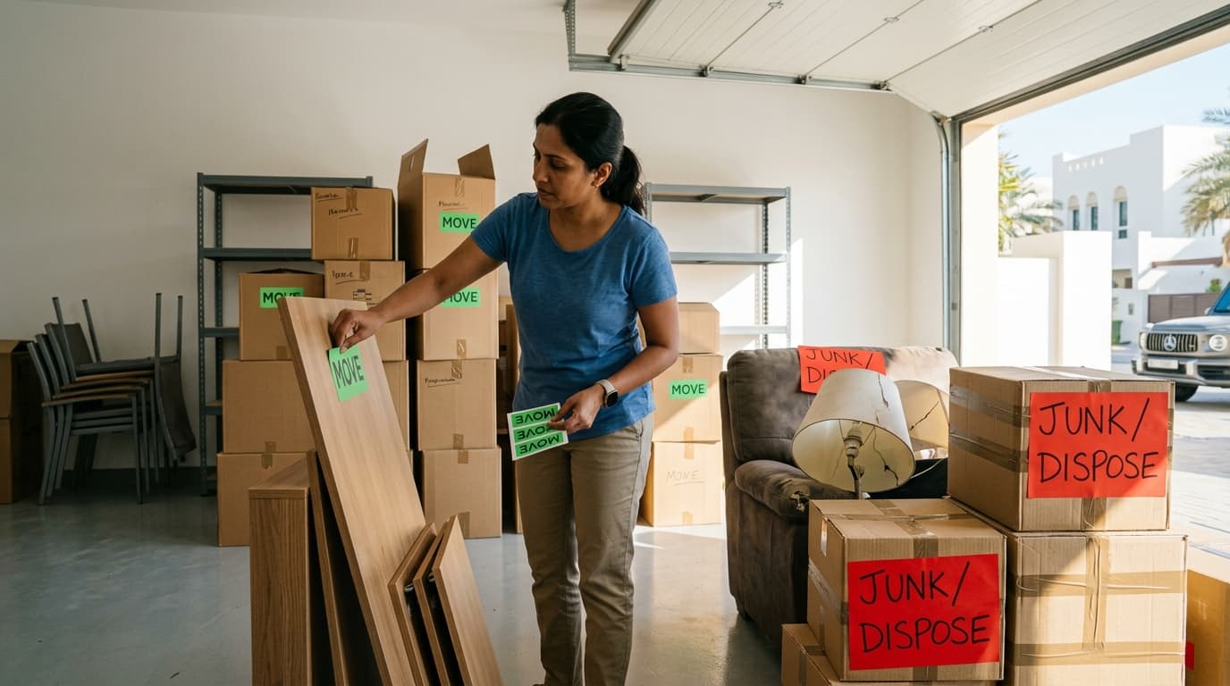 Resident tagging dismantled wooden bed panels and boxes for moving or disposal in a Dubai villa garage