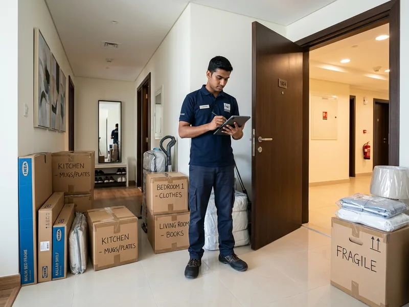 Crew member logging packed boxes and a flat-packed bed frame carton in a Dubai apartment hallway before collection