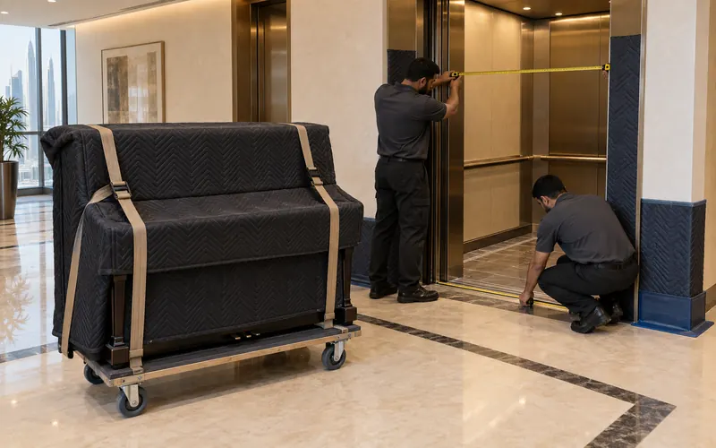 Crew measuring a service-lift opening in a Dubai tower beside a heavy, blanket-wrapped item strapped to a wheeled dolly