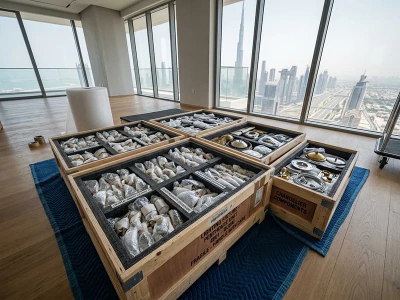 Padded wooden crates filled with wrapped chandelier crystal components and canopy hardware on a protected floor in a Dubai residence