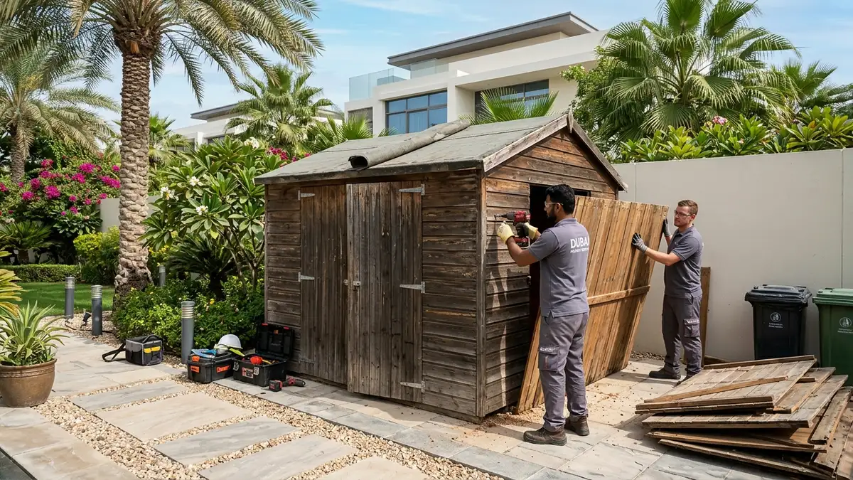 Clearance crew disassembling weathered wooden garden pergola beams and brackets on a Dubai villa terrace