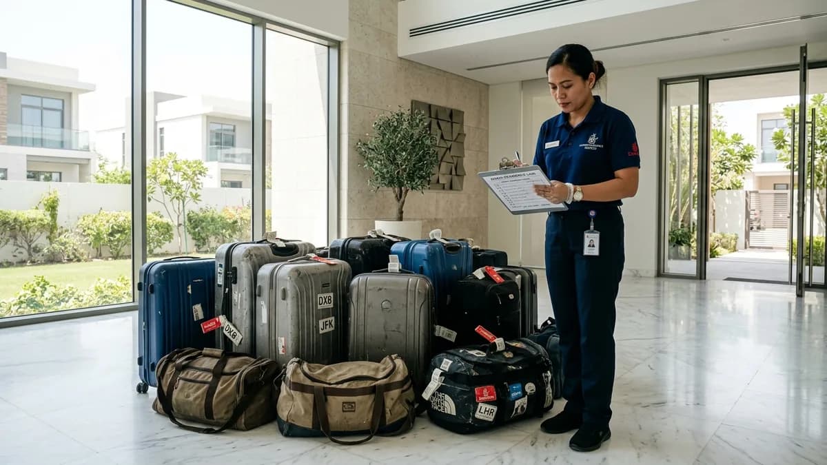 Stack of retired hard-shell luggage and travel bags in the marble hallway of a Dubai residence being reviewed by a clearance specialist