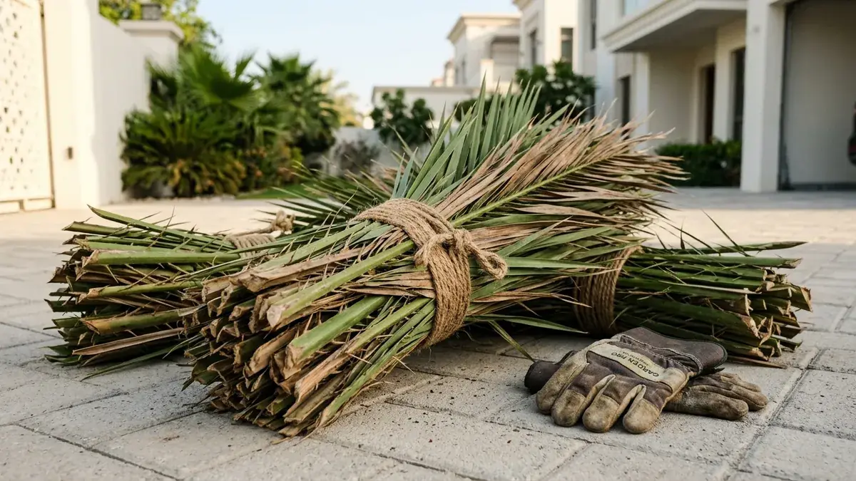 Tightly bundled green and dry palm fronds tied with jute twine on a villa stone driveway in Dubai