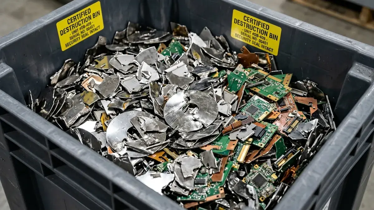Physically shredded and sheared magnetic hard drive platters and circuit board fragments in a certified destruction bin