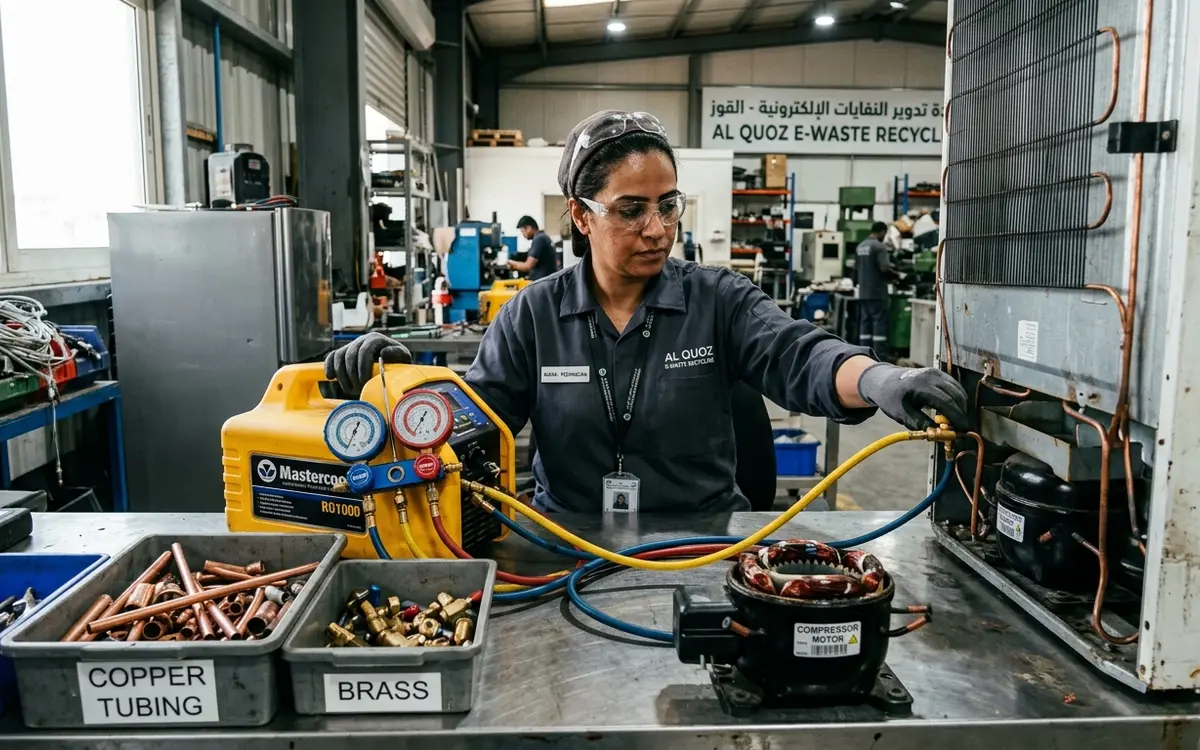 Technician operating specialized refrigerant recovery and degassing equipment in a UAE recycling depot