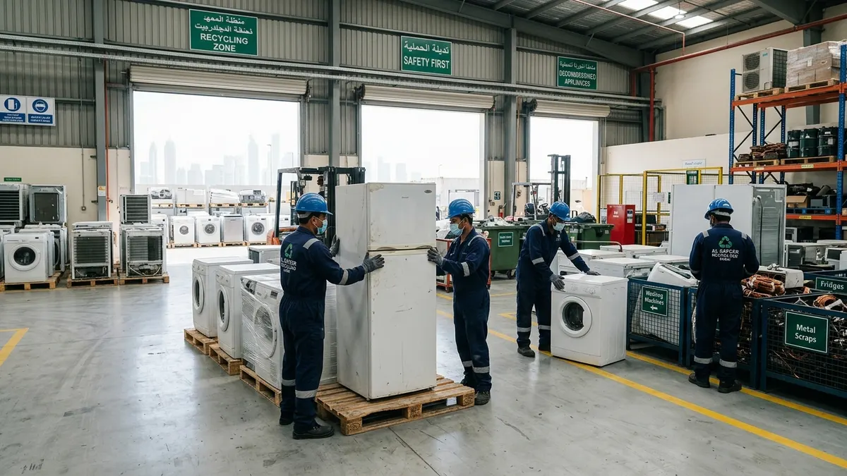 Professional junk removal technicians inspecting and sorting decommissioned domestic appliances in an organized recovery depot in Dubai
