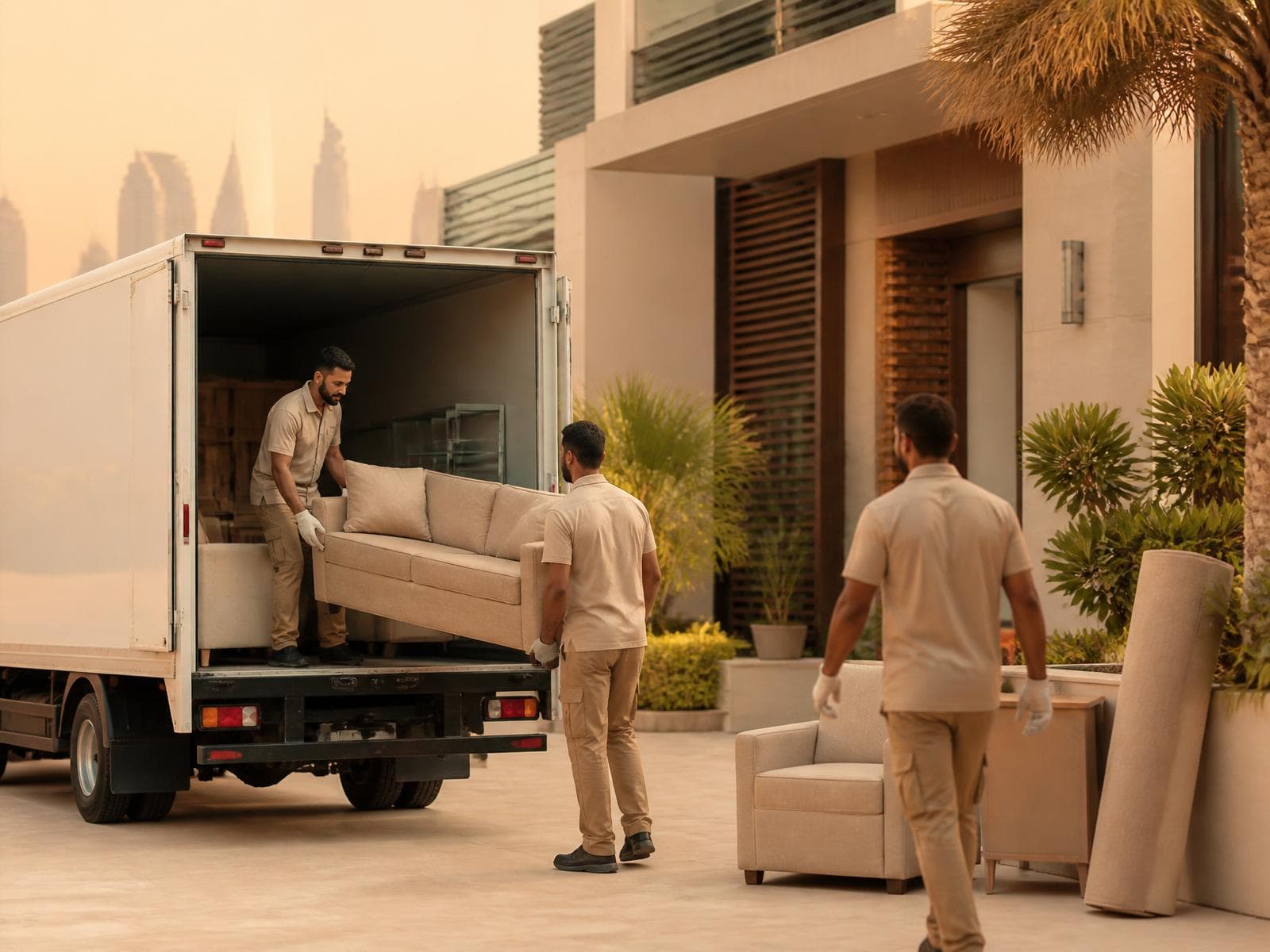 Dubai Junk Collection crew carrying out furniture removal outside a Dubai villa at golden hour